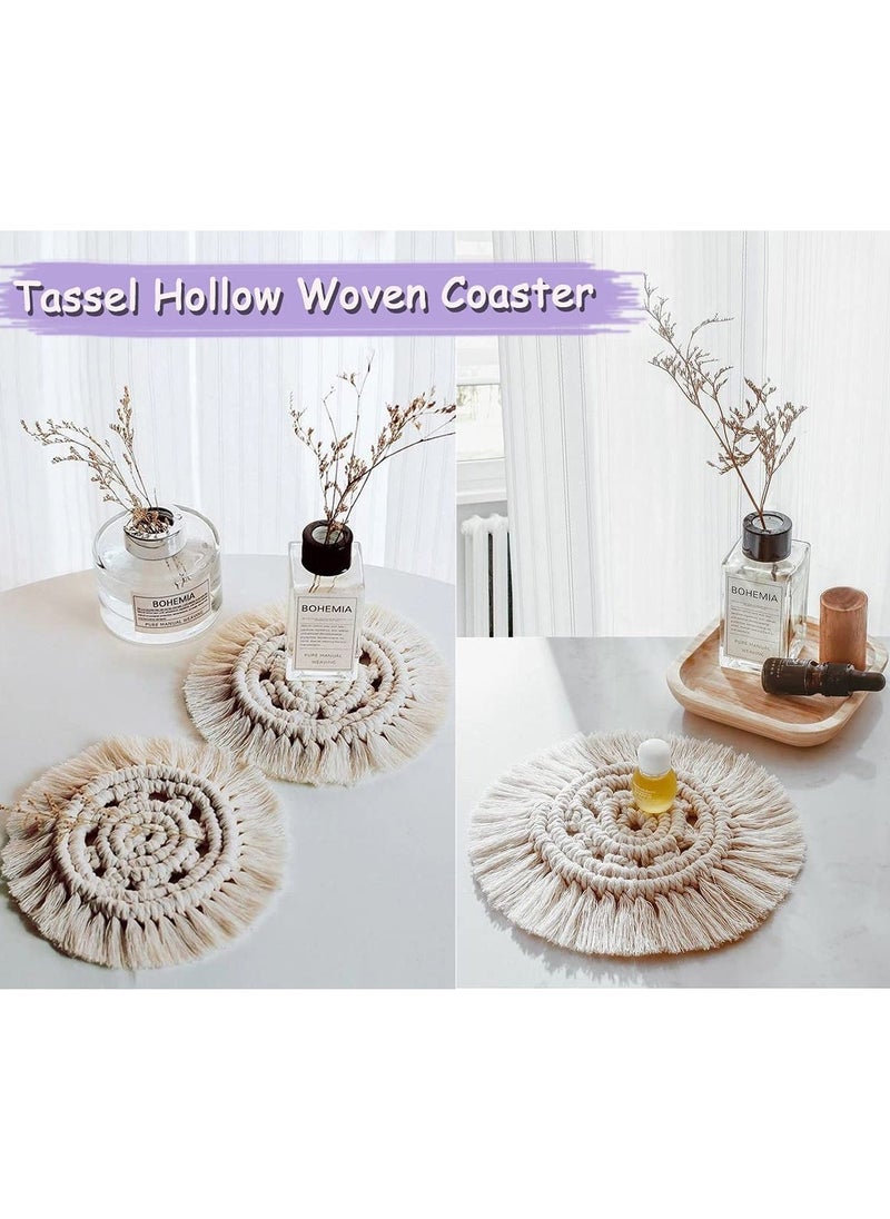 Handmade Bohemian Coasters with Tassels for Drinks, Absorbent Woven Heat Protection Mats, Perfect for Home and Office Coffee Tables, Aromatherapy Decor (Cream, Set of 2)