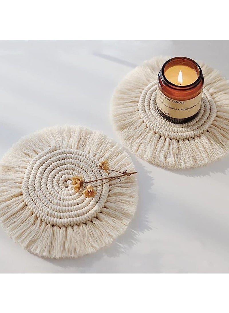 Handmade Bohemian Coasters with Tassels for Drinks, Absorbent Woven Heat Protection Mats, Perfect for Home and Office Coffee Tables, Aromatherapy Decor (Cream, Set of 2)