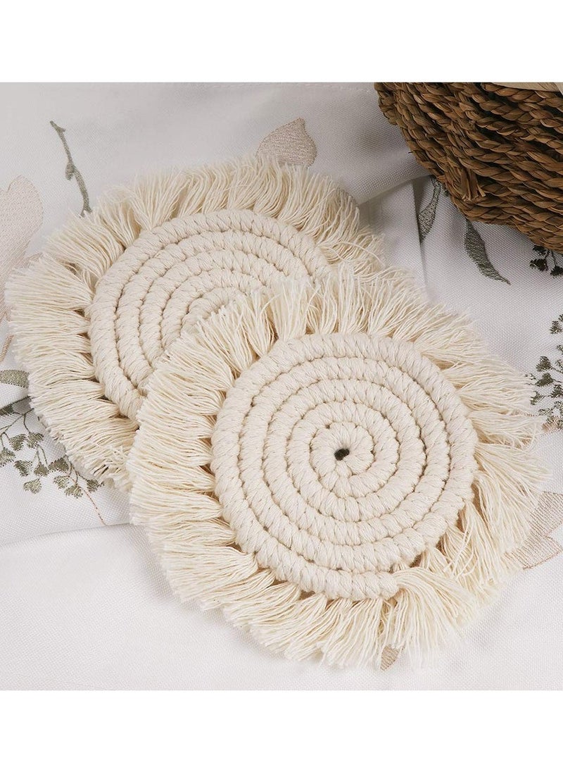 Handmade Bohemian Coasters with Tassels for Drinks, Absorbent Woven Heat Protection Mats, Perfect for Home and Office Coffee Tables, Aromatherapy Decor (Cream, Set of 2)