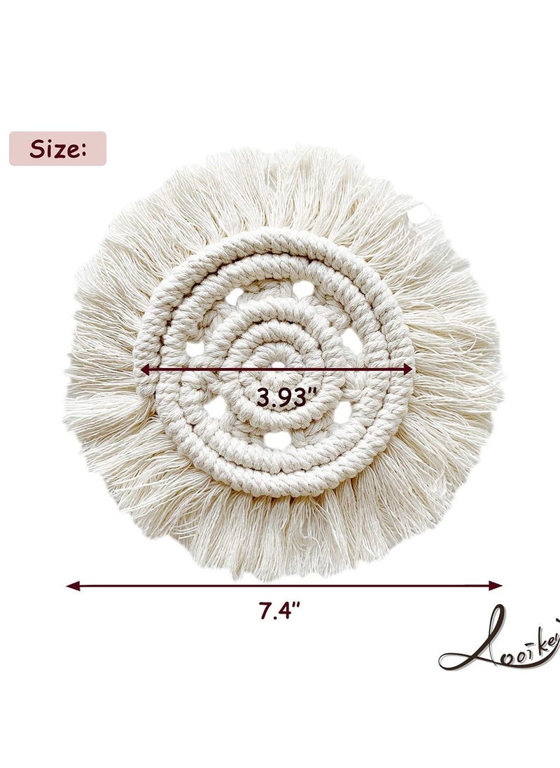 Handmade Bohemian Coasters with Tassels for Drinks, Absorbent Woven Heat Protection Mats, Perfect for Home and Office Coffee Tables, Aromatherapy Decor (Cream, Set of 2)