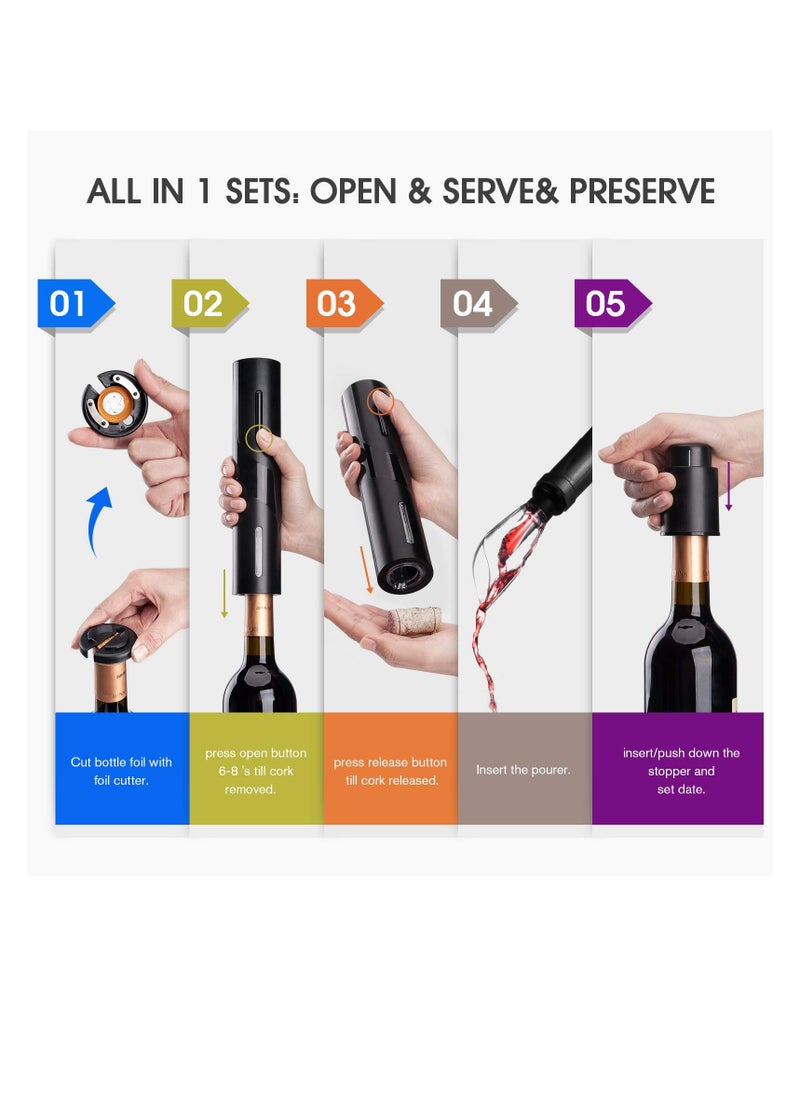 Electric Wine Bottle Opener Set - Includes Corkscrew, Foil Cutter, Wine Vacuum Stopper, and Aerator Pourer - Perfect Gift for Valentine's Day, Father's Day, Mother's Day, and Birthdays.