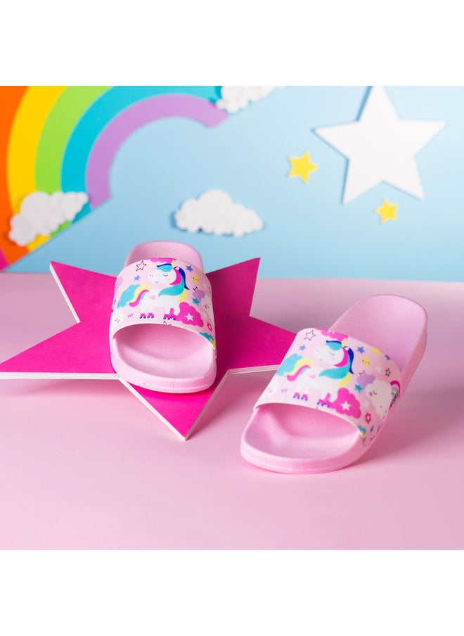 Unicorn Print Everyday Wear Eco-Friendly Pvc Slides For Girls Lightweight Easy To Wash And Anti-Slip Soles