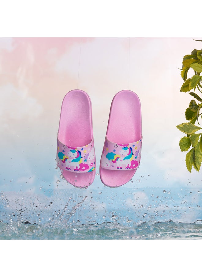 Unicorn Print Everyday Wear Eco-Friendly Pvc Slides For Girls Lightweight Easy To Wash And Anti-Slip Soles