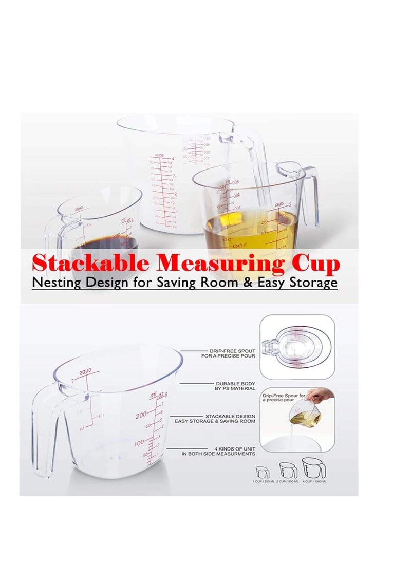 Measuring Cups Set 3Pcs Plastic Measuring Cup of BPA free with Plug in Nesting Handle Stackable Design and Multiple Measurement Scales Clear