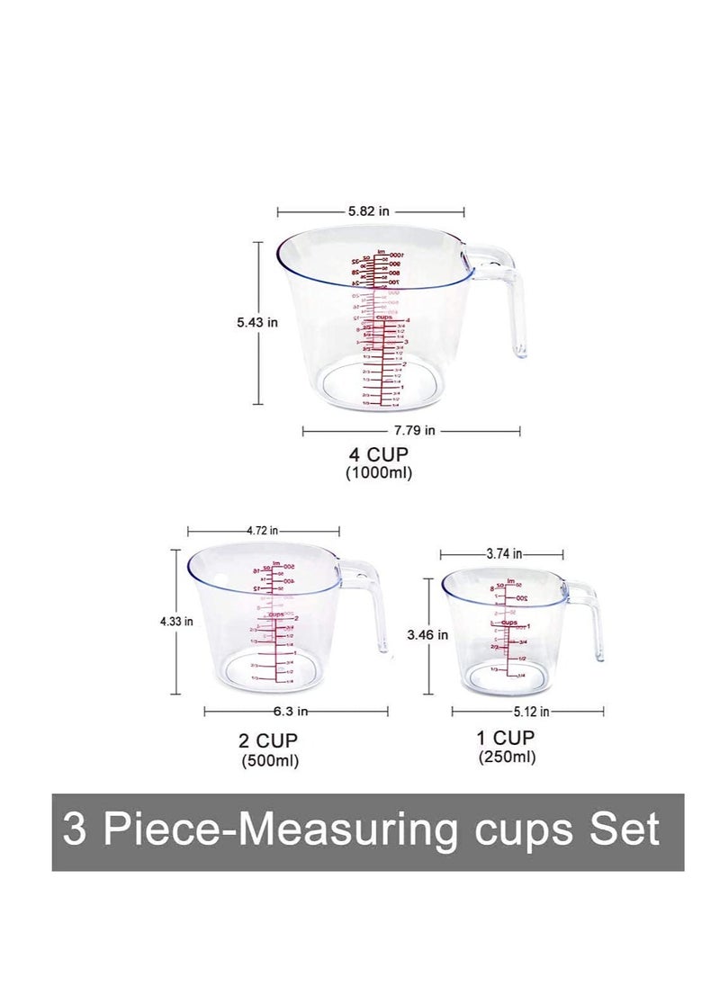Measuring Cups Set 3Pcs Plastic Measuring Cup of BPA free with Plug in Nesting Handle Stackable Design and Multiple Measurement Scales Clear