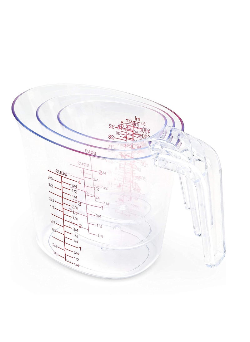 Measuring Cups Set 3Pcs Plastic Measuring Cup of BPA free with Plug in Nesting Handle Stackable Design and Multiple Measurement Scales Clear