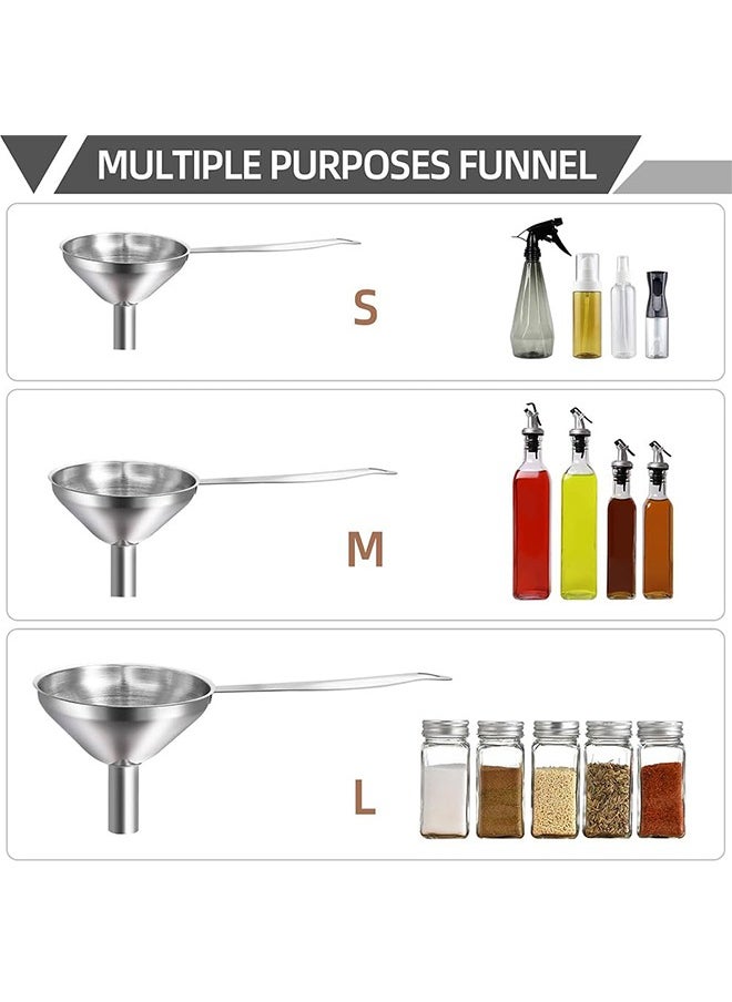 10 Pcs Stainless Steel Funnels Set, Funnels for Filling Bottles Stainless Steel Kitchen Funnel Set, Large Medium Small Food Grade Metal Long Handle Funnel with 2 Cleaning Brushes and 4 Sticky Hooks