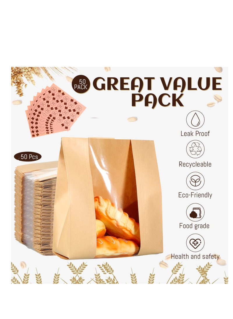 50 Pcs Bakery Bags with Window, Large Packing Loaf Bag, Brown Kraft Paper Bags, Bread Paper Bags for Homemade Bread Cookies Bagel Pastry Bakery Sandwich - Egg Sandwich Bags with 300 Pcs Stickers