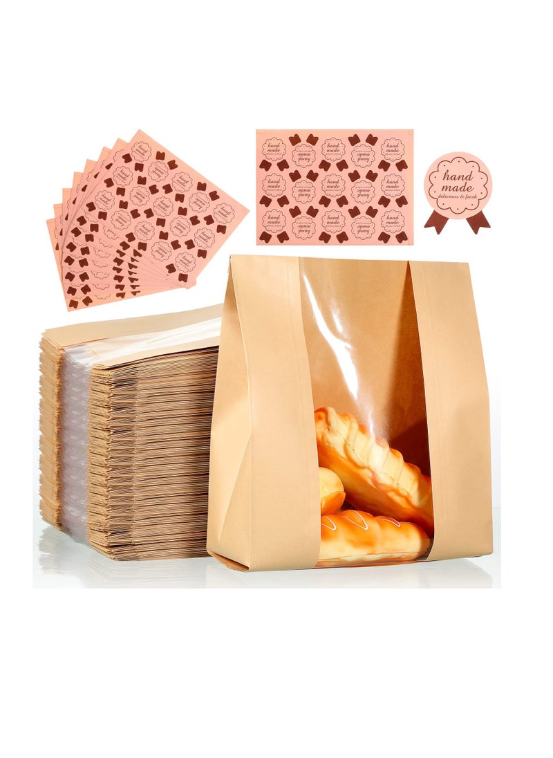 50 Pcs Bakery Bags with Window, Large Packing Loaf Bag, Brown Kraft Paper Bags, Bread Paper Bags for Homemade Bread Cookies Bagel Pastry Bakery Sandwich - Egg Sandwich Bags with 300 Pcs Stickers