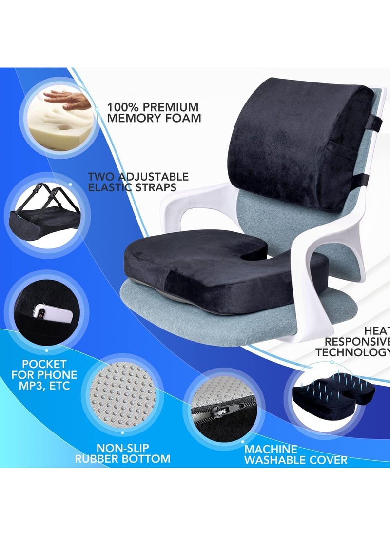 Ergonomic Seat Cushion + Lumbar Support Pillow Set, 100% Memory Foam Office Chair Cushion & Back Support for Pain Relief, Ideal for Car Seat, Desk Chair, Gaming Chair, Back Pillow for Comfort, Black