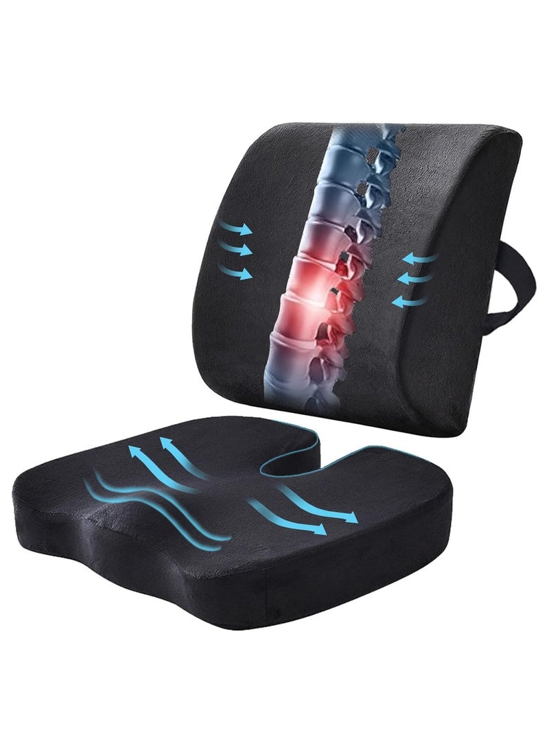 Ergonomic Seat Cushion + Lumbar Support Pillow Set, 100% Memory Foam Office Chair Cushion & Back Support for Pain Relief, Ideal for Car Seat, Desk Chair, Gaming Chair, Back Pillow for Comfort, Black