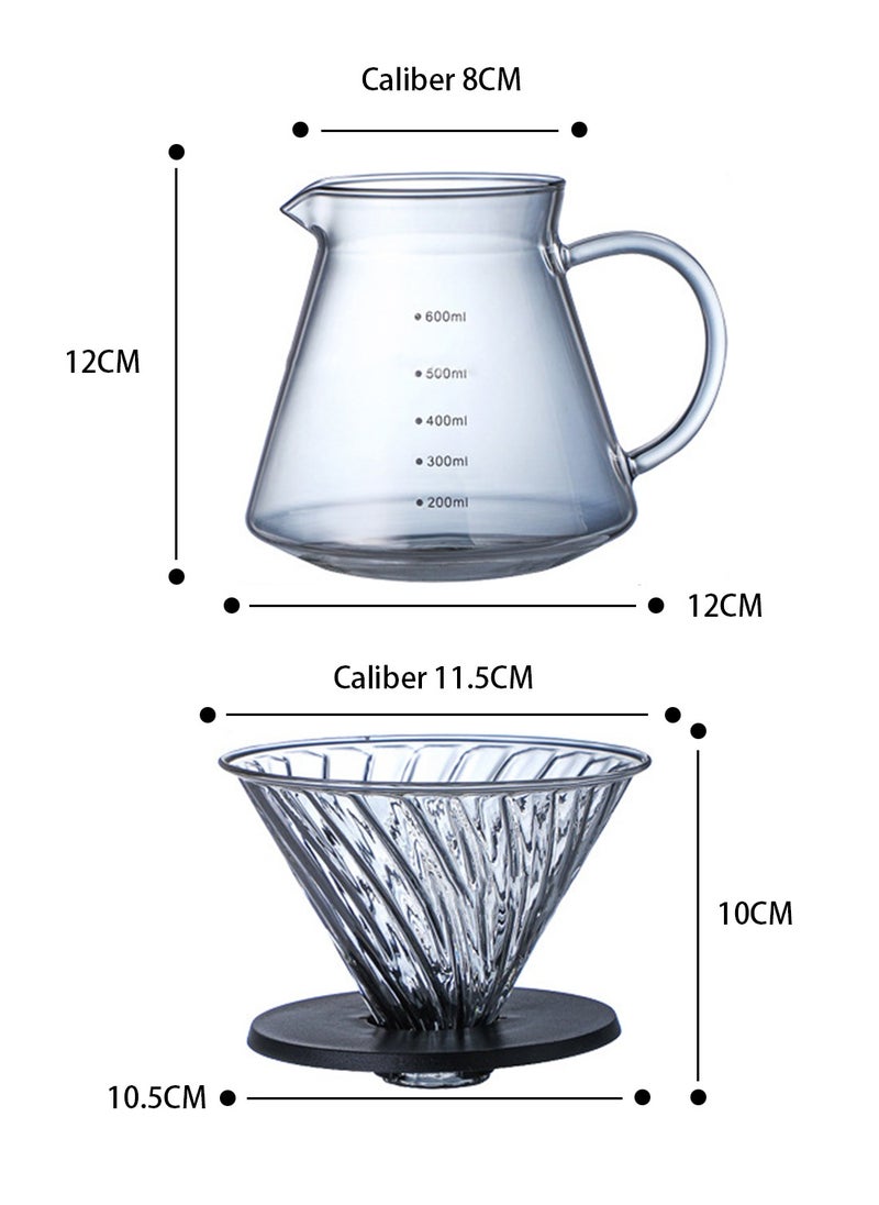 V60 Pour Over Coffee Maker Set of 2 Borosilicate Glass Carafe 600ml Coffee Dripper Filter(1-4 CUPS) for Home Office Cafe Gift(Silver)