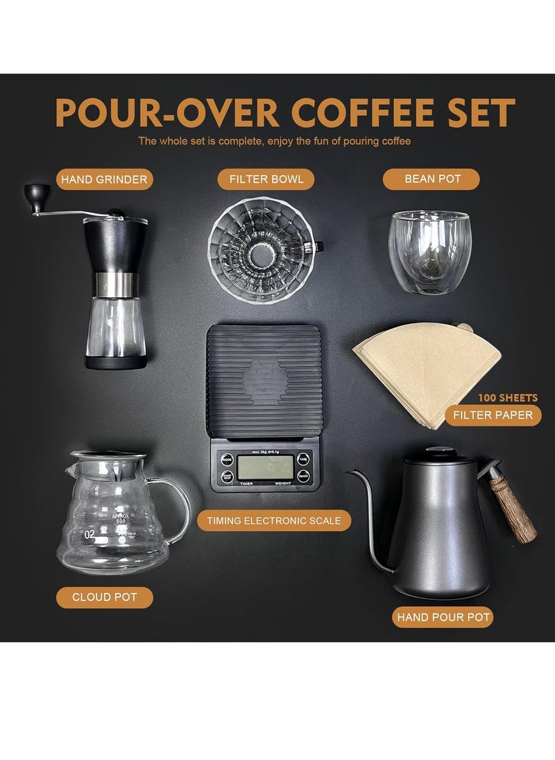 Pour Over Coffee Maker set, V60 Coffee Kit with Portable Carry Case, Coffee Kettle with Thermometer, Drip Filter Coffee Share Pot,Filters,Coffee Scale,Double wall Mug,Manual Coffee Grinders