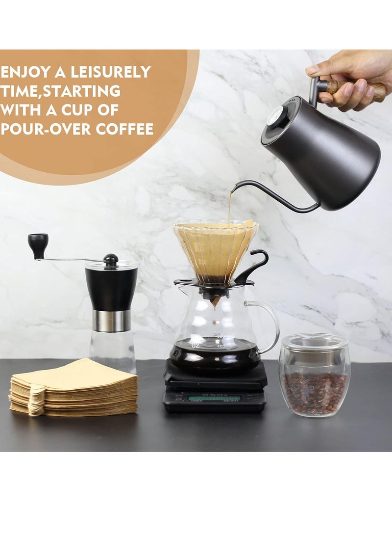 Pour Over Coffee Maker set, V60 Coffee Kit with Portable Carry Case, Coffee Kettle with Thermometer, Drip Filter Coffee Share Pot,Filters,Coffee Scale,Double wall Mug,Manual Coffee Grinders