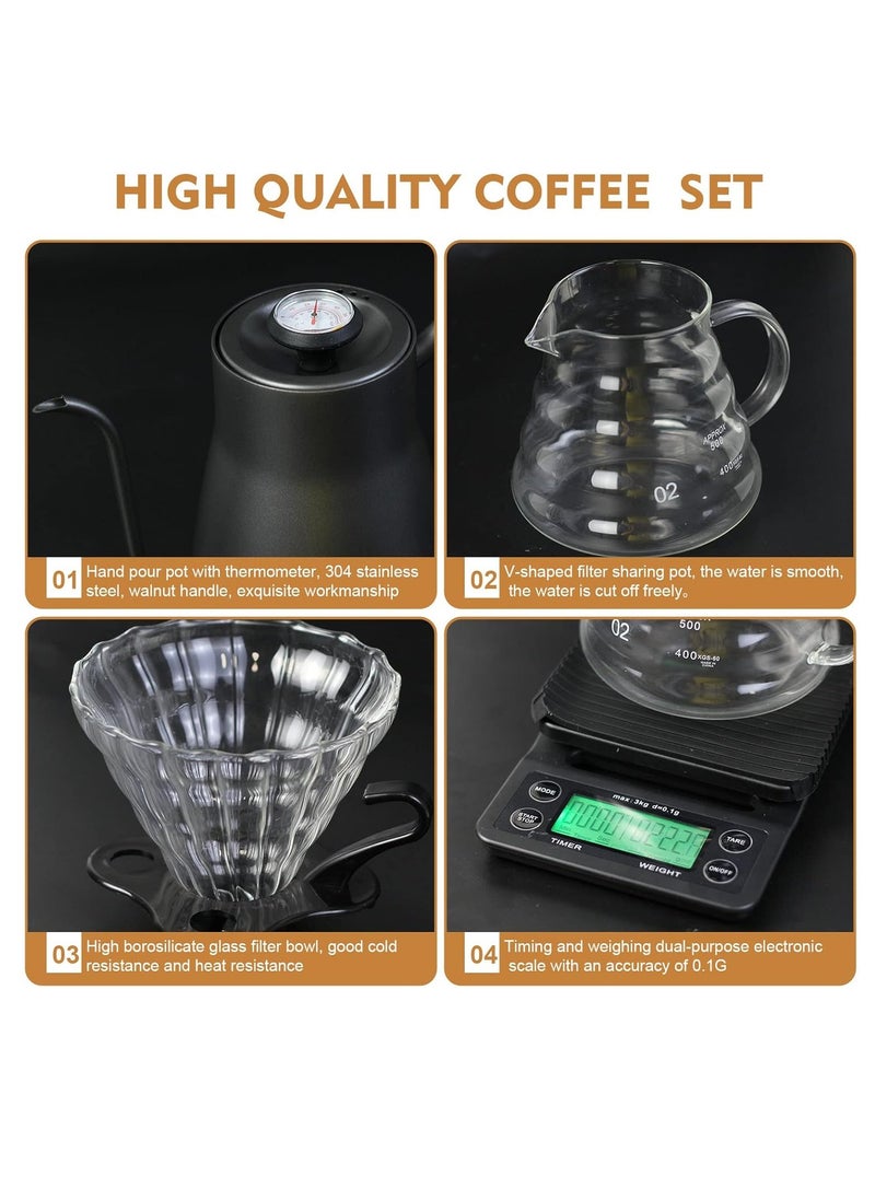 Pour Over Coffee Maker set, V60 Coffee Kit with Portable Carry Case, Coffee Kettle with Thermometer, Drip Filter Coffee Share Pot,Filters,Coffee Scale,Double wall Mug,Manual Coffee Grinders