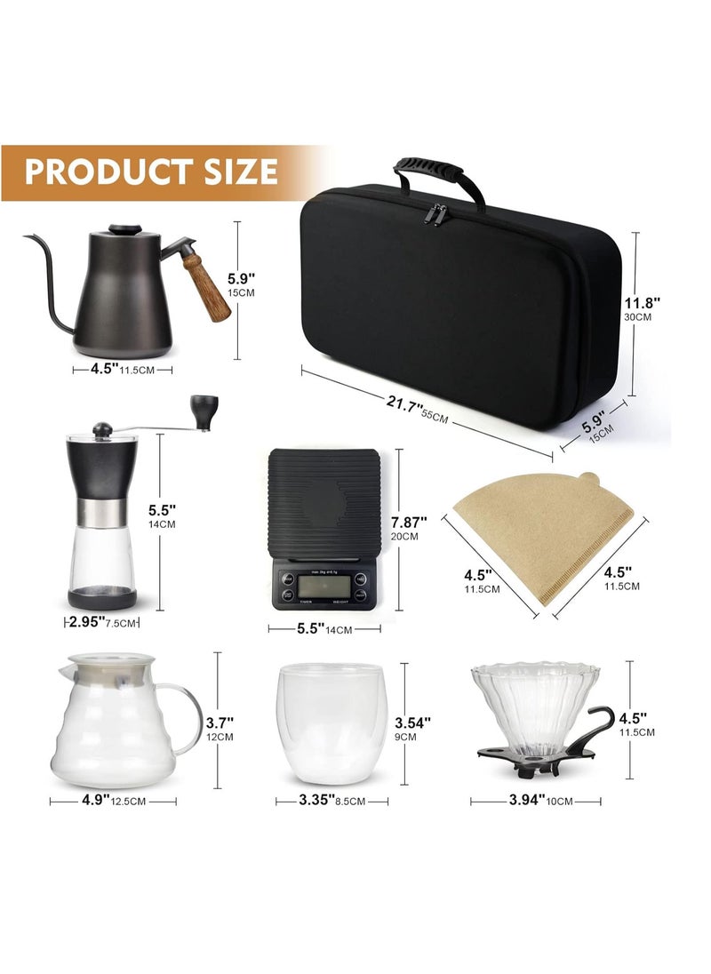 Pour Over Coffee Maker set, V60 Coffee Kit with Portable Carry Case, Coffee Kettle with Thermometer, Drip Filter Coffee Share Pot,Filters,Coffee Scale,Double wall Mug,Manual Coffee Grinders