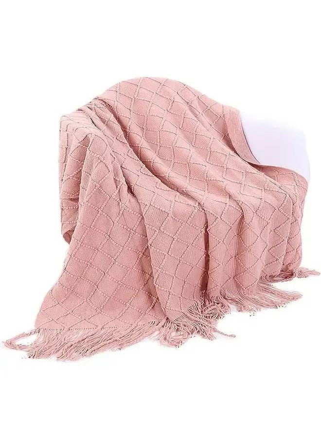 Blush Throw Blanket with Tassels, Pink Knit Blanket for Home Decor, Boho Style Textured Knitted Decorative Blanket for Couch, Sofa &Bed,Tassel Design Soft Blanket Keep Warm Cotton Pink127*152+15CM