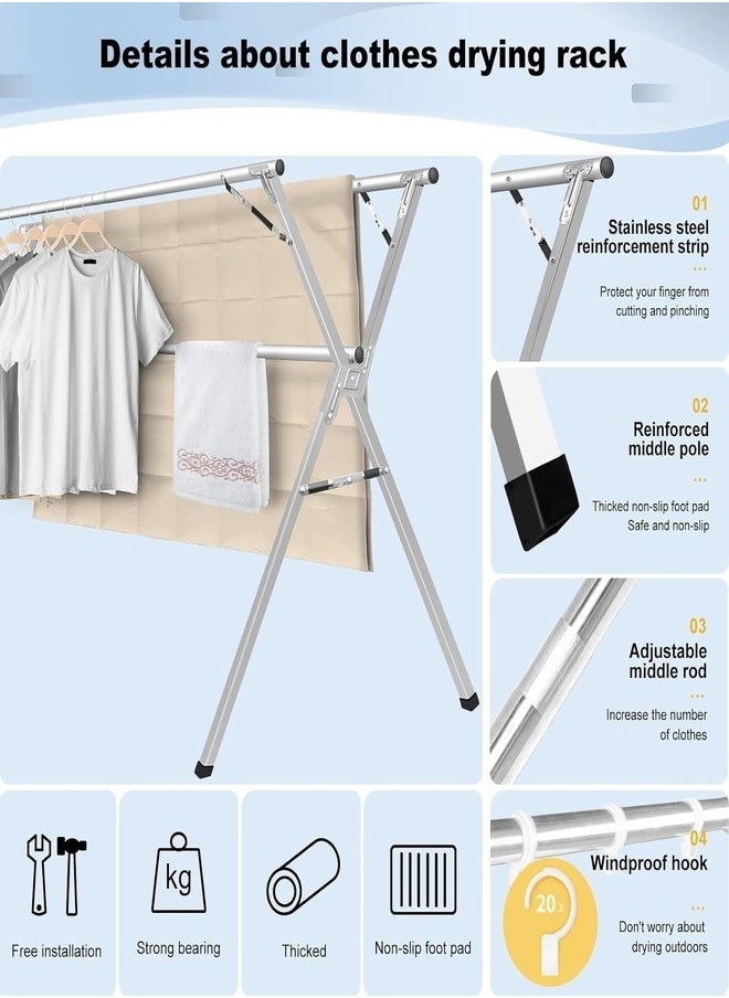 Clothes Drying Rack for Laundry, Stainless Steel Garment Rack Adjustable and Foldable Space Saving, Heavy Duty Clothing Drying Rack with Windproof Hooks for Indoor Outdoor