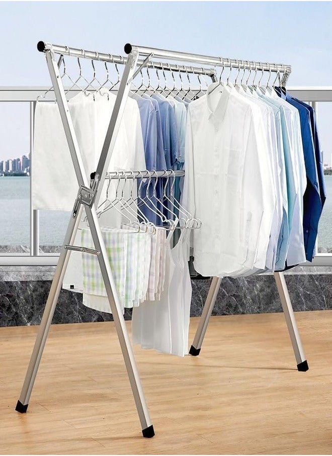 Clothes Drying Rack for Laundry, Stainless Steel Garment Rack Adjustable and Foldable Space Saving, Heavy Duty Clothing Drying Rack with Windproof Hooks for Indoor Outdoor