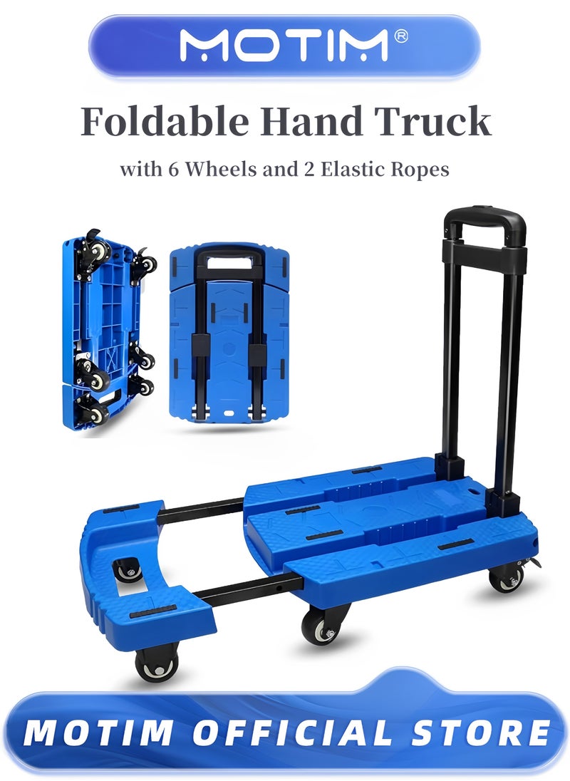 Folding Hand Truck Portable Platform Weight Trolley Collapsible Folding Dolly with 6 Wheels and 2 Elastic Ropes for Luggage Personal Travel Auto Moving and Office Use