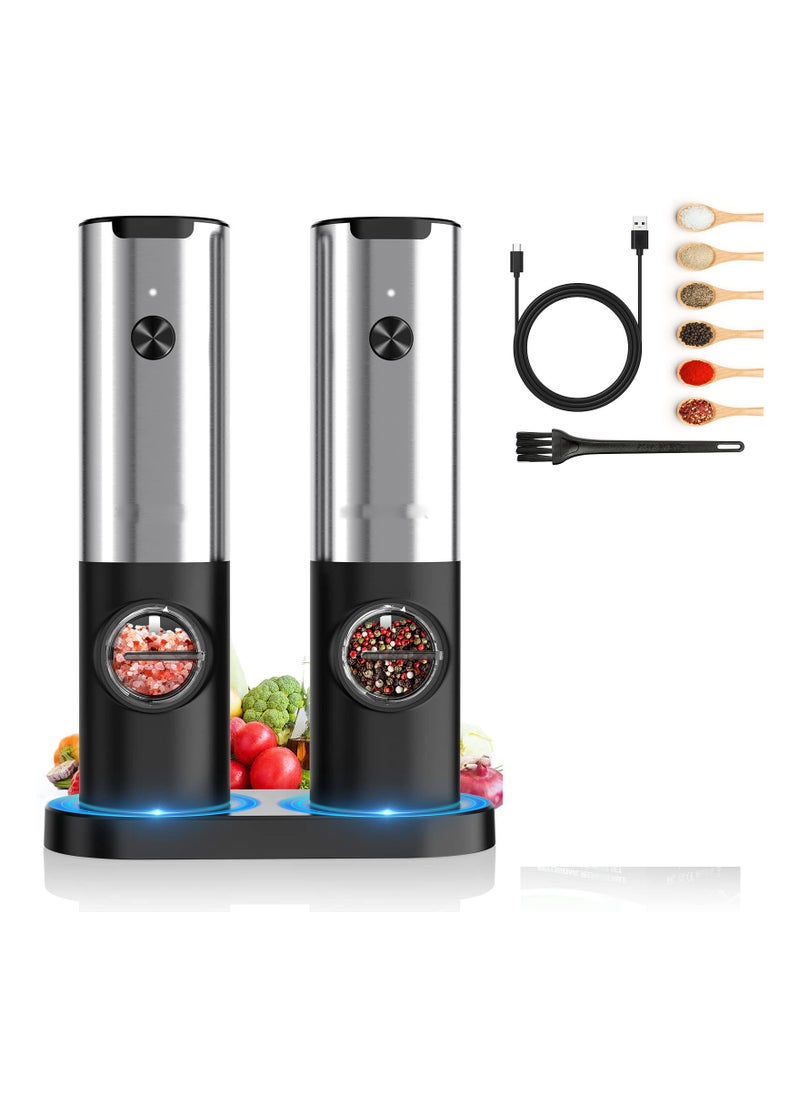 USB Rechargeable Electric Salt and Pepper Grinder Set, One-Handed Operation, Adjustable Coarseness, Automatic Spice Mill Shakers, Refillable, White Light, No Batteries Required.