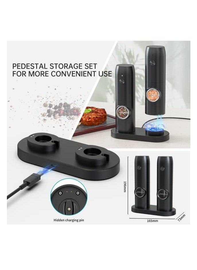 Liying Rechargeable Electric Salt and Pepper Mills Set with Storage Base, Adjustable Coarseness, 16.3cm Height, Black