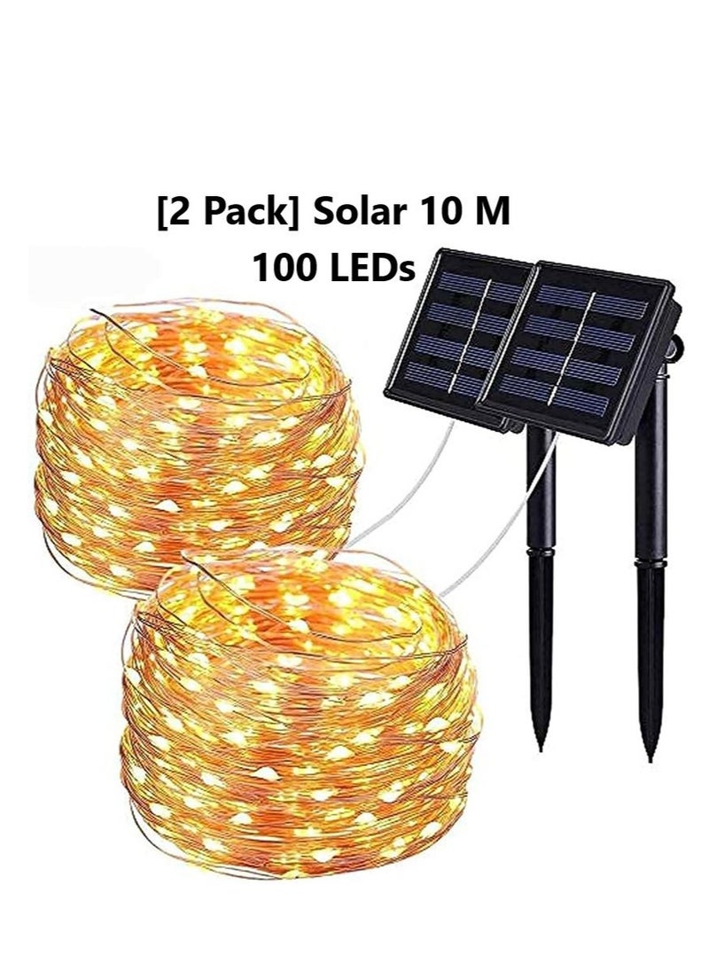 [2 Pack] Solar Powered Fairy Lights | 10m (33ft) 100LEDs Copper Wire Outdoor String Lights with 8 Modes | Warm White | Waterproof for Christmas, Home, Gardens, Patios, Weddings, and Parties