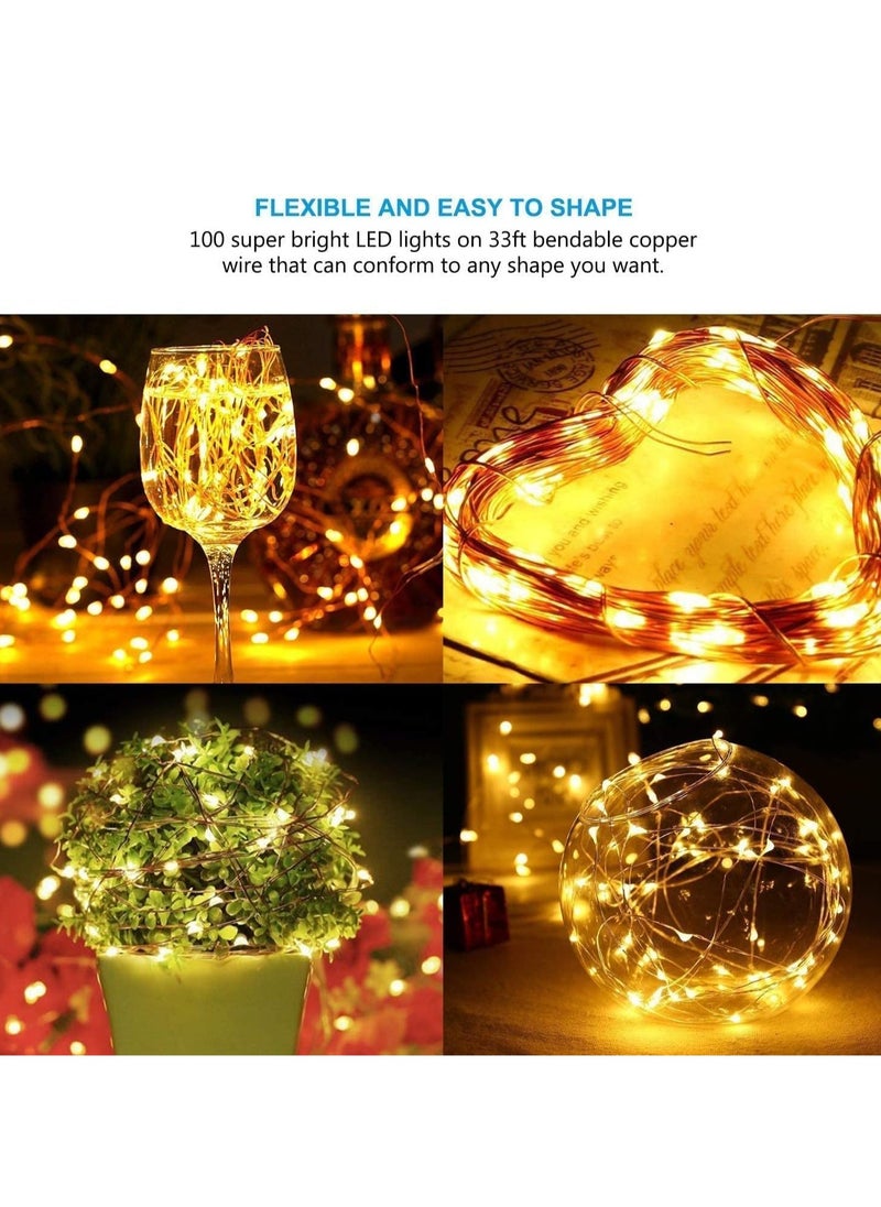 [2 Pack] Solar Powered Fairy Lights | 10m (33ft) 100LEDs Copper Wire Outdoor String Lights with 8 Modes | Warm White | Waterproof for Christmas, Home, Gardens, Patios, Weddings, and Parties