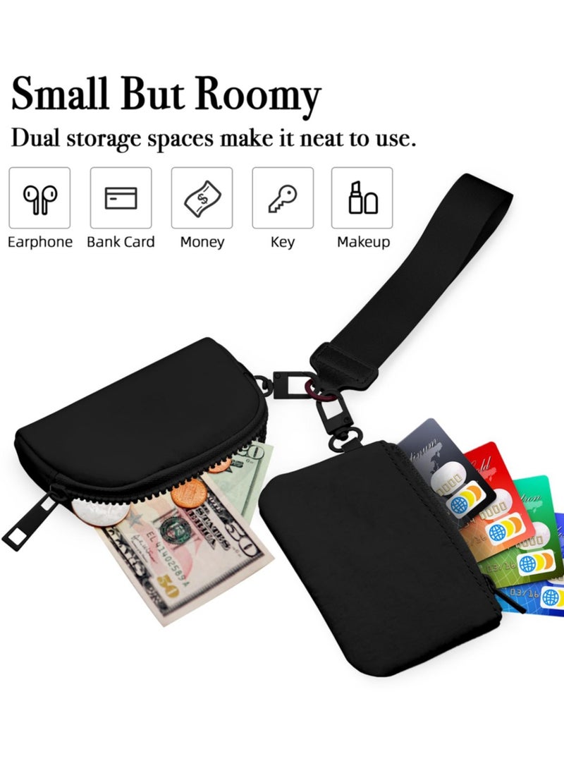 Keychain Wallet Mini Zip Around Wristlet Wallets for Women Detachable Dual Pouch Wristlet Portable Coin Purse Small Wallets,Black