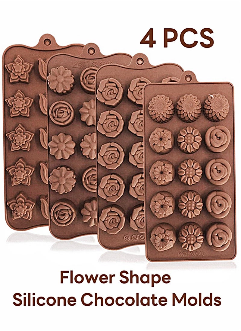 4 Pack Flower Shape Silicone Chocolate Molds,15-Cavities Food Grade Silicone Candy Molds Non-Stick Chocolate Mold Baking Molds for Cake Toppers,Ice Cubes,Jello for Wedding Party