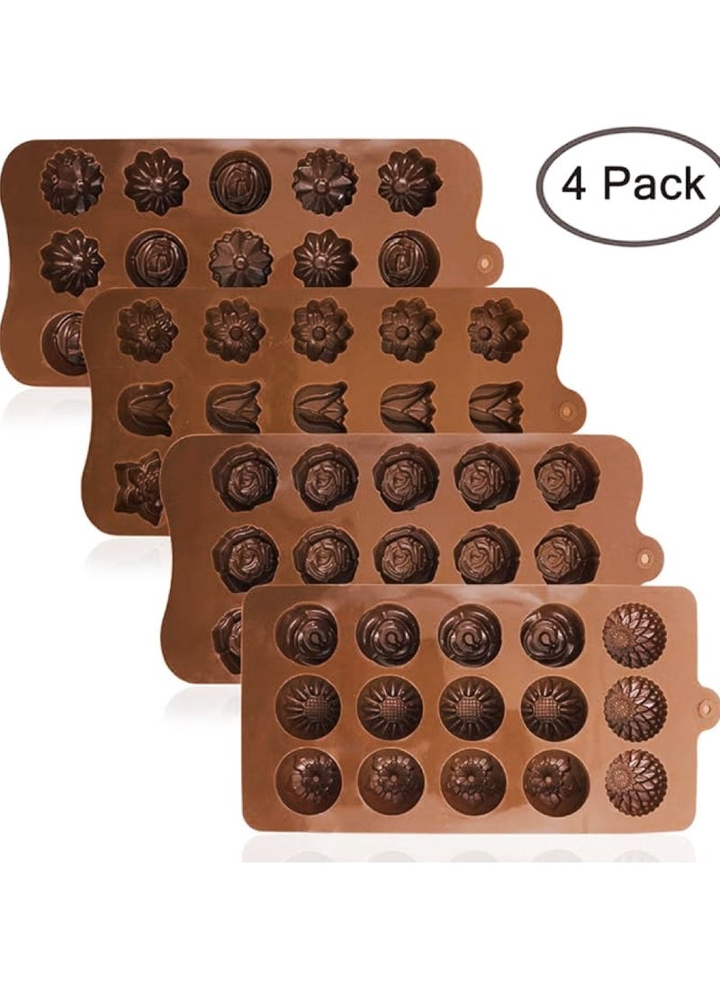 4 Pack Flower Shape Silicone Chocolate Molds,15-Cavities Food Grade Silicone Candy Molds Non-Stick Chocolate Mold Baking Molds for Cake Toppers,Ice Cubes,Jello for Wedding Party