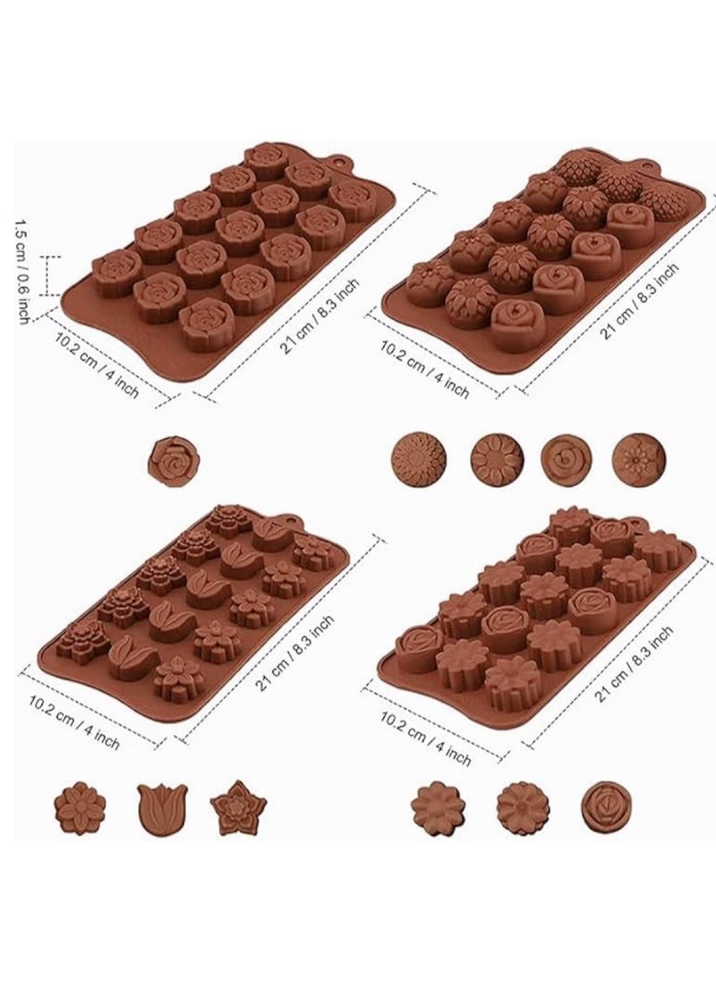 4 Pack Flower Shape Silicone Chocolate Molds,15-Cavities Food Grade Silicone Candy Molds Non-Stick Chocolate Mold Baking Molds for Cake Toppers,Ice Cubes,Jello for Wedding Party