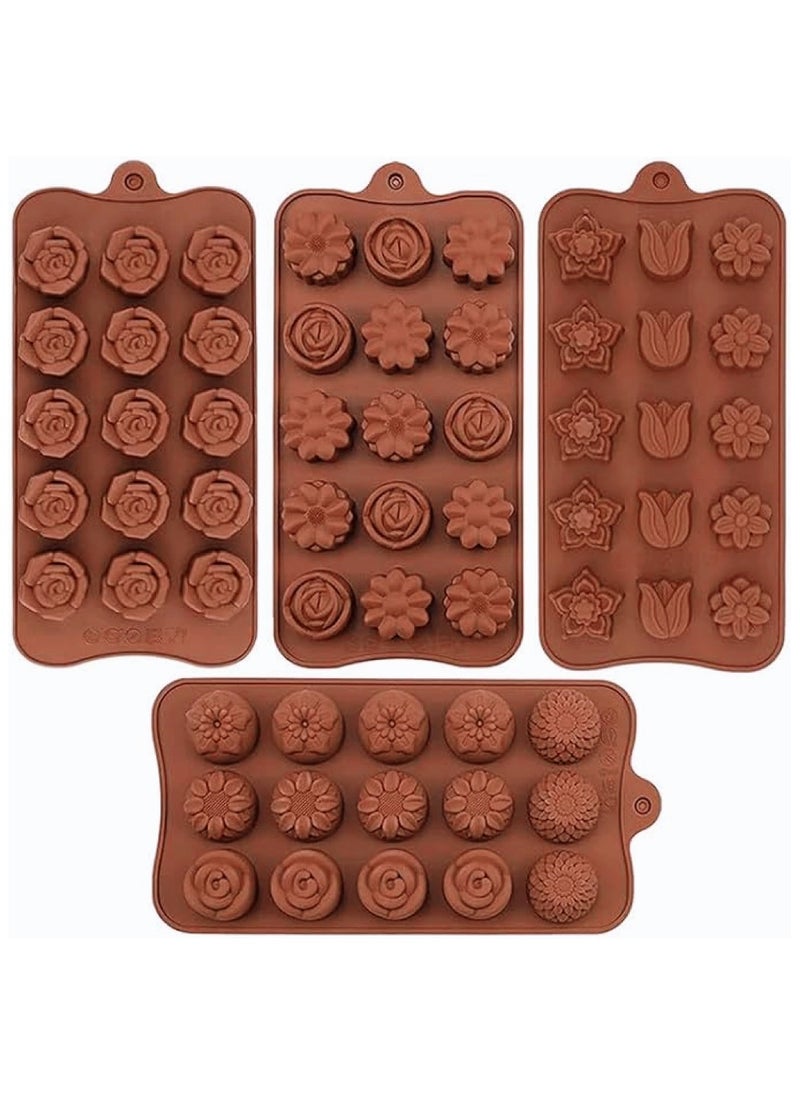 4 Pack Flower Shape Silicone Chocolate Molds,15-Cavities Food Grade Silicone Candy Molds Non-Stick Chocolate Mold Baking Molds for Cake Toppers,Ice Cubes,Jello for Wedding Party