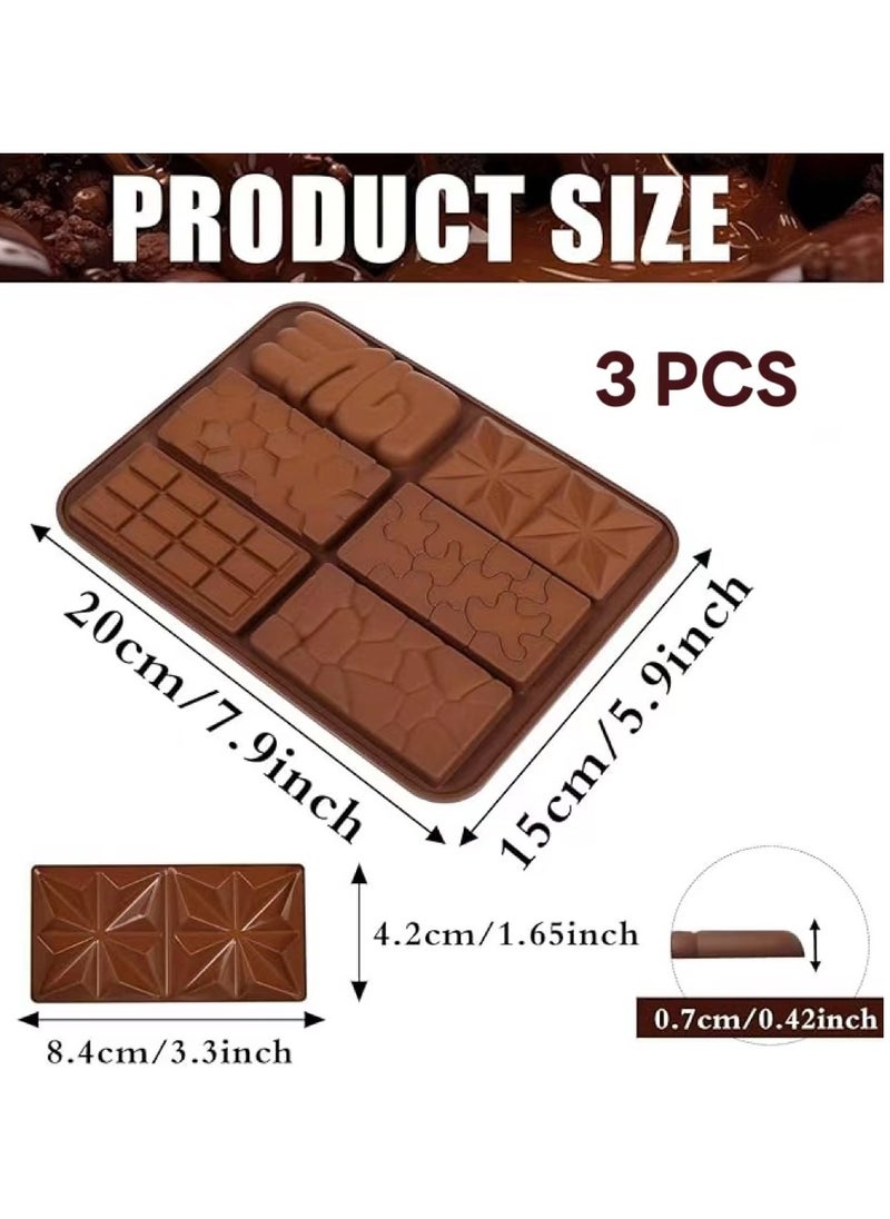 3 Pack Chocolate Molds Silicone, 6 in 1 Thick Chocolate Bar Mold Deep for Filling, Break Apart Chocolate Mold, Square Non-Stick Candy Bar Molds for Wax Melts Protein Energy Bars