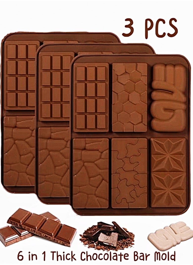 3 Pack Chocolate Molds Silicone, 6 in 1 Thick Chocolate Bar Mold Deep for Filling, Break Apart Chocolate Mold, Square Non-Stick Candy Bar Molds for Wax Melts Protein Energy Bars