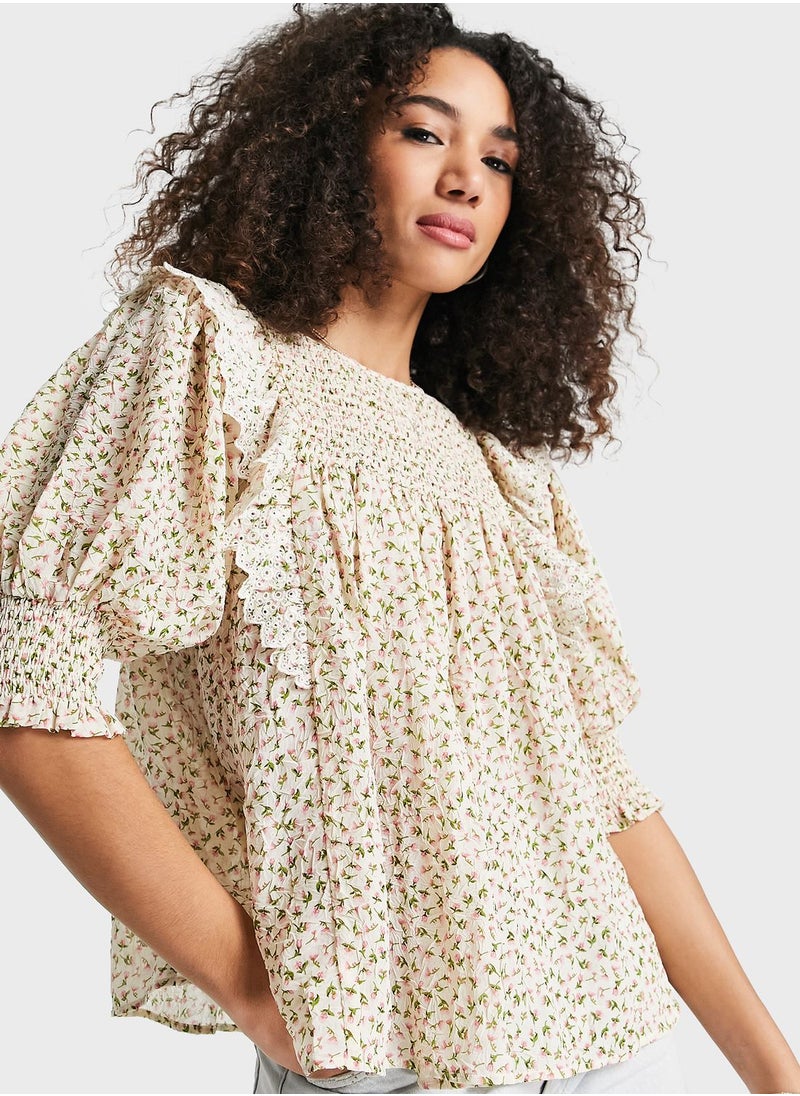 Puff Sleeve Printed Ruffle Top