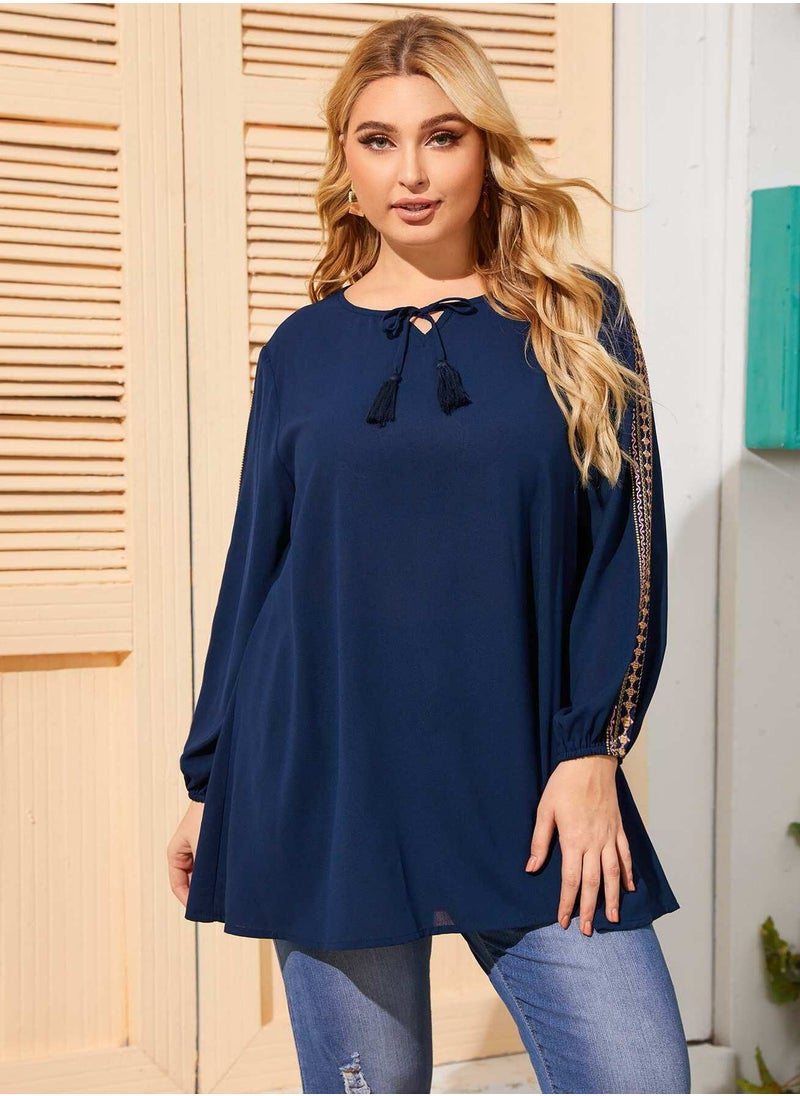 Plus Embroidered Tie Neck Tassel Blouse