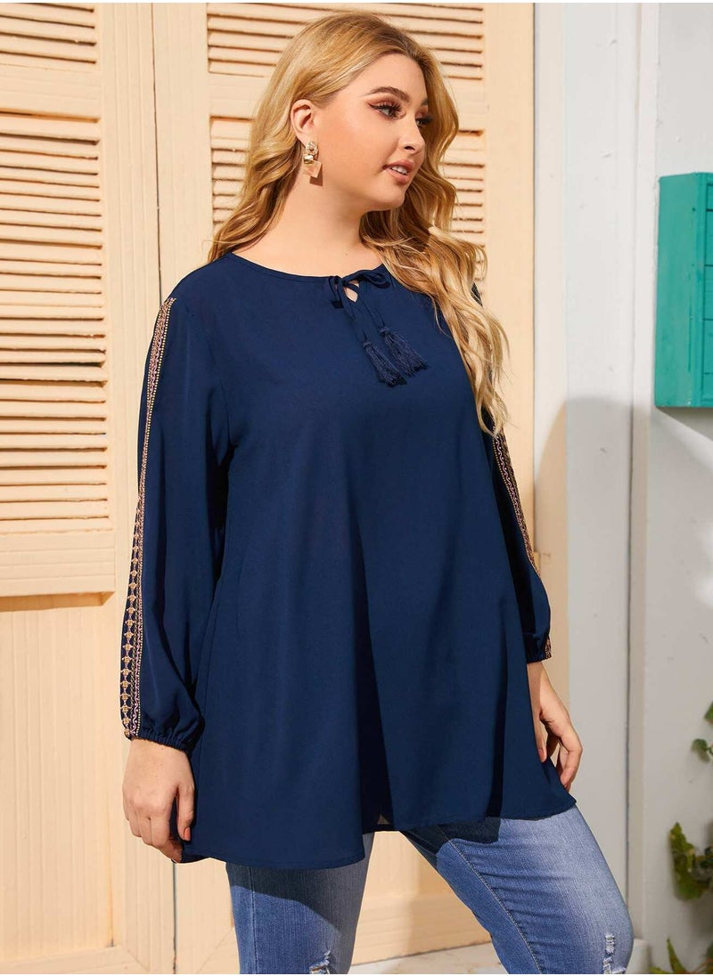 Plus Embroidered Tie Neck Tassel Blouse