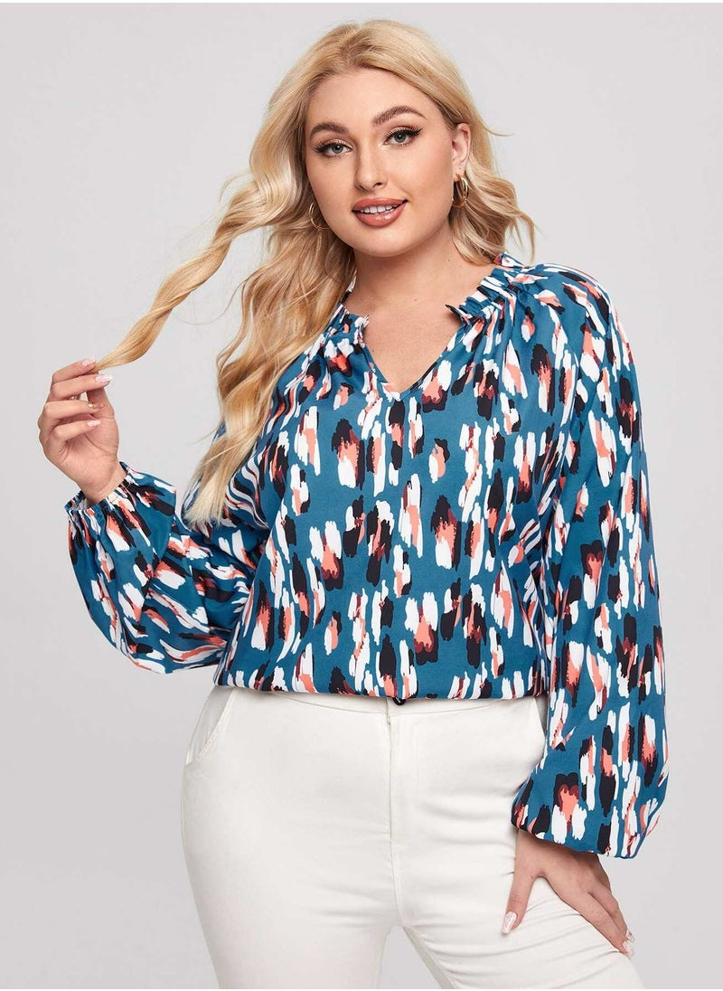 Plus Notched Neck Bishop Sleeve Blouse