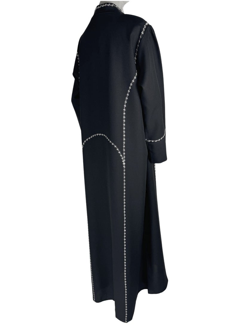 Black Formal Abaya with Japanese-Inspired Linear Embroidery