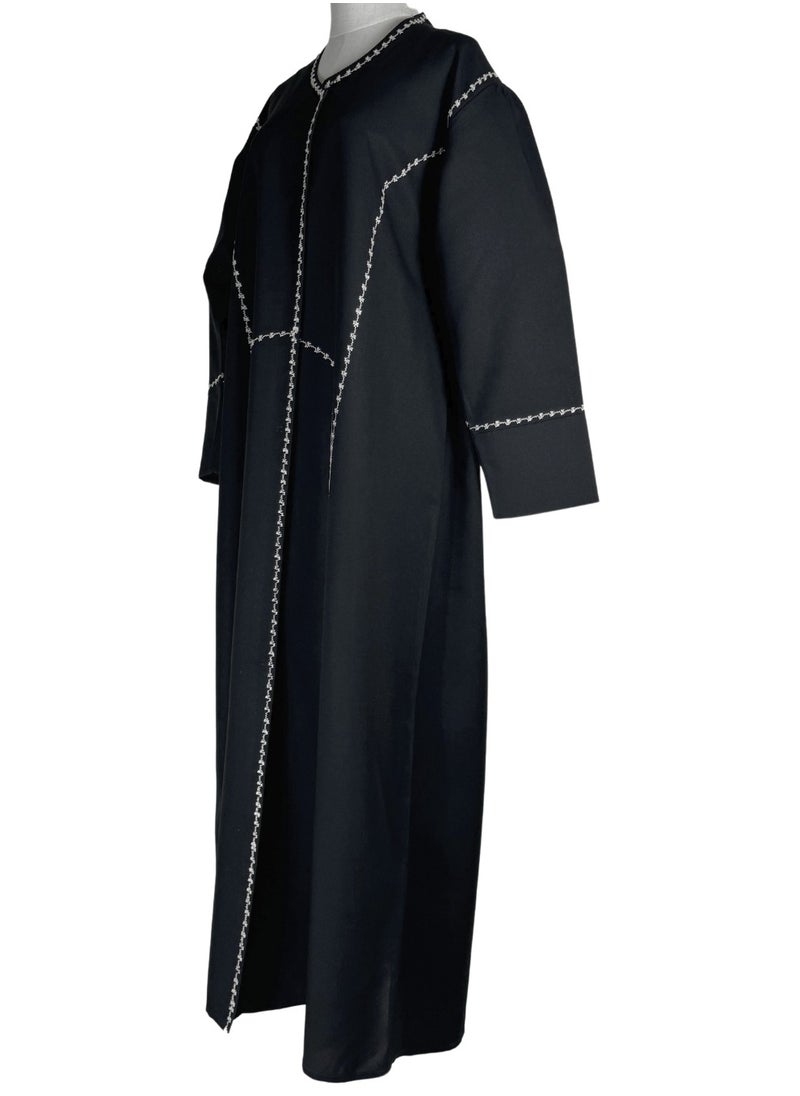 Black Formal Abaya with Japanese-Inspired Linear Embroidery