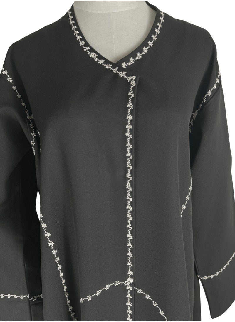 Black Formal Abaya with Japanese-Inspired Linear Embroidery