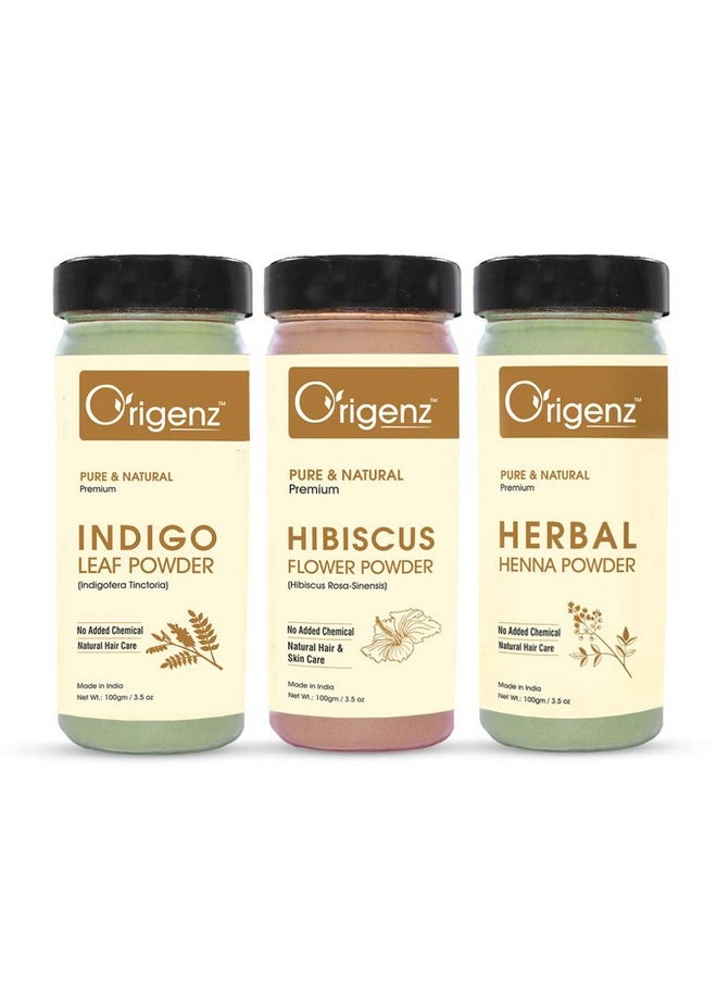 Henna, Indigo And Hibiscus Powders Combo Pack For Hair Care, Healthy Scalp, Natural Conditioner, Mask | Indigofera Tinctoria | Lawsonia Inermis | Gudhal | 300Gm