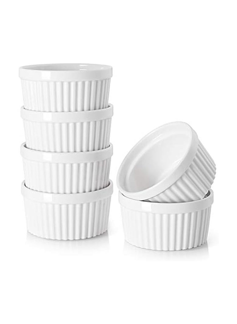 Ramekins 4 oz Oven Safe for Creme Brulee Souffle, Porcelain Custard Cups Ramiken for Baking, Classic Style Ramekins Bowls, Set of 6, White