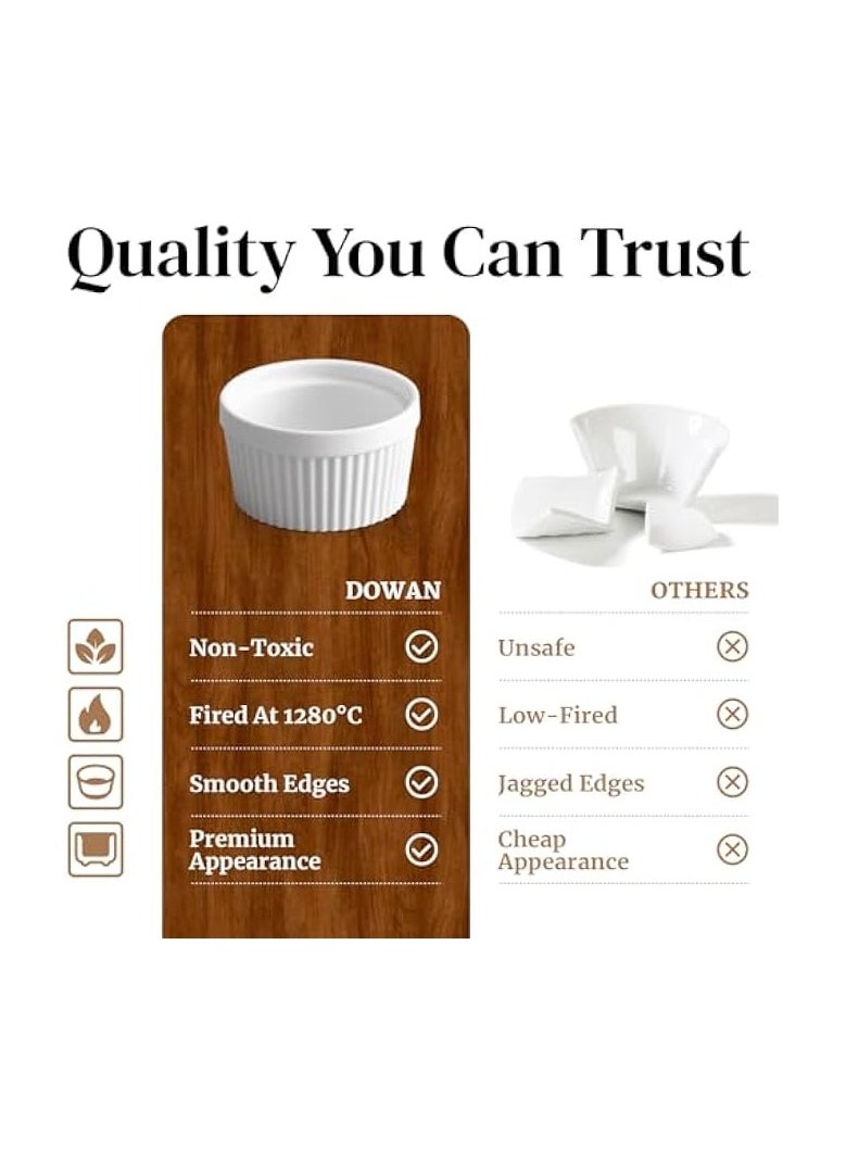 Ramekins 4 oz Oven Safe for Creme Brulee Souffle, Porcelain Custard Cups Ramiken for Baking, Classic Style Ramekins Bowls, Set of 6, White