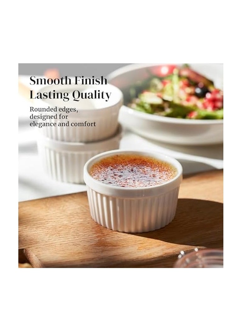 Ramekins 4 oz Oven Safe for Creme Brulee Souffle, Porcelain Custard Cups Ramiken for Baking, Classic Style Ramekins Bowls, Set of 6, White