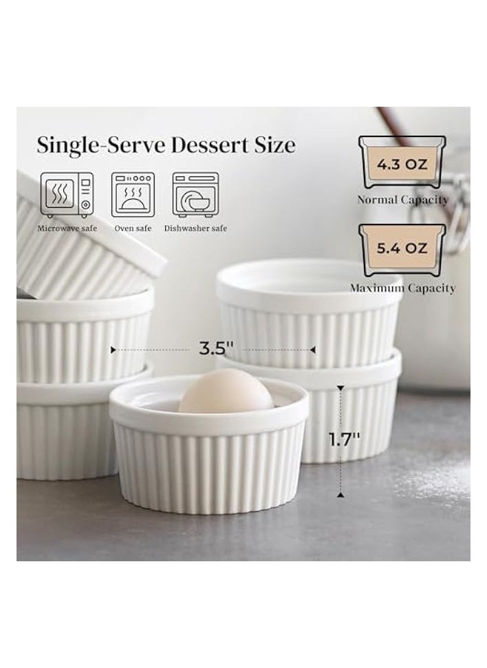 Ramekins 4 oz Oven Safe for Creme Brulee Souffle, Porcelain Custard Cups Ramiken for Baking, Classic Style Ramekins Bowls, Set of 6, White