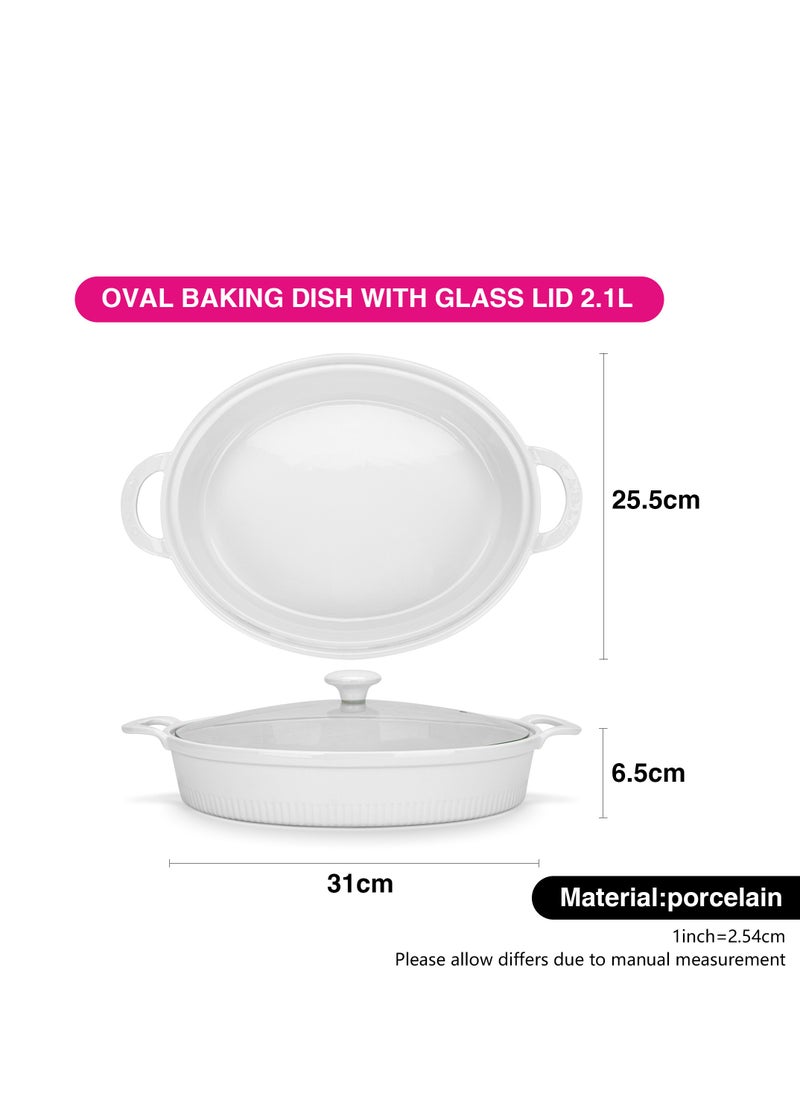 Oval Baking Dish with Glass Lid 31cm/2.1LTR, Porcelain Baking Dish with Handle Bakeware Dish for Servings, Baking, Oven and Dishwasher Safe