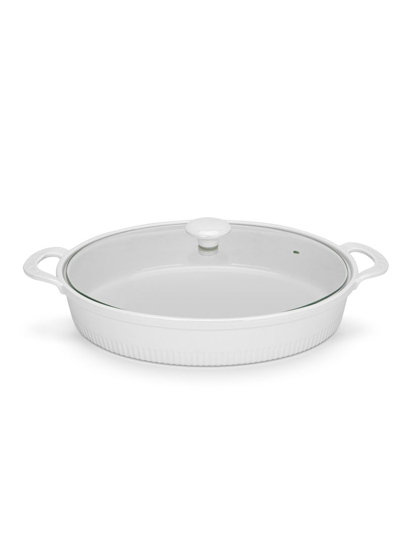 Oval Baking Dish with Glass Lid 31cm/2.1LTR, Porcelain Baking Dish with Handle Bakeware Dish for Servings, Baking, Oven and Dishwasher Safe