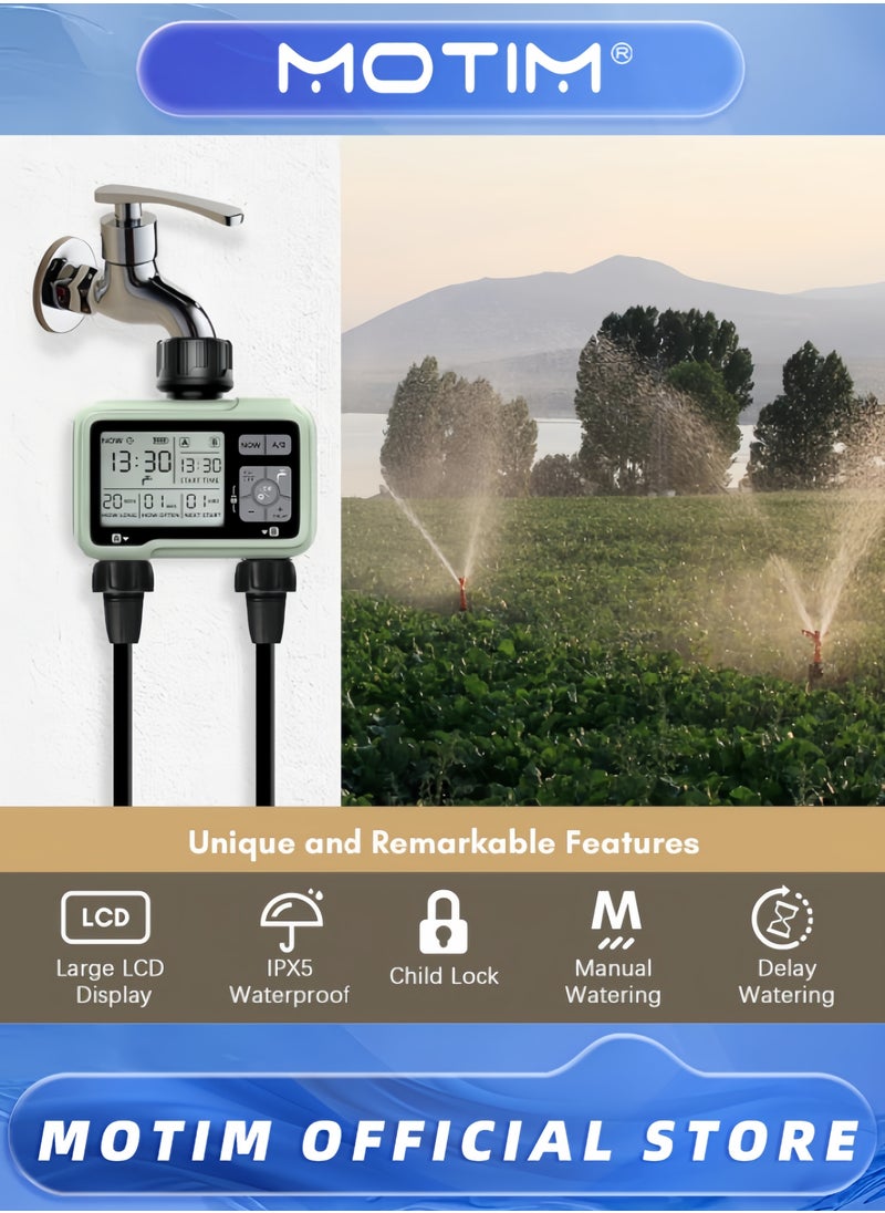 2-Outlet Digital Water Timer IPX5 Waterproof Programmable Garden Sprinkler with Large LCD Display